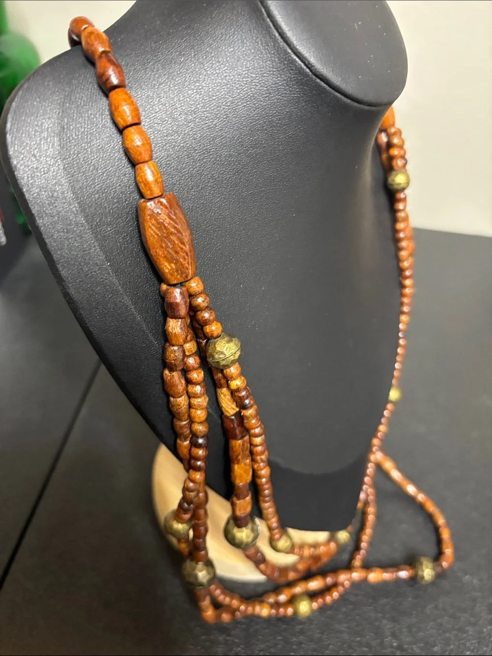 Layered Boho Brown Wooden Bead Necklace with Brass Accents